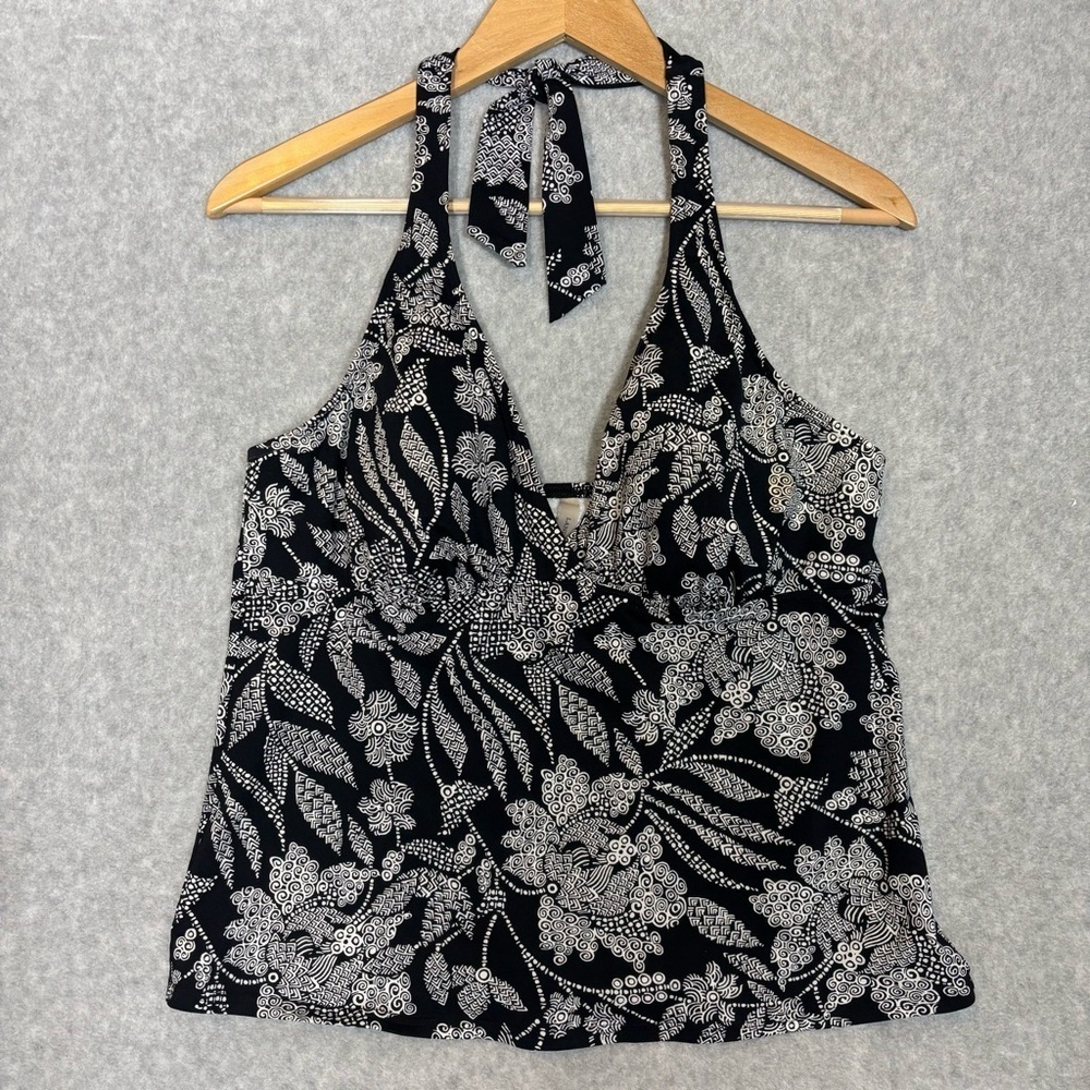 Lands' End Halter Neck Floral Swim Tankini Top-Black/White-Women Size 12